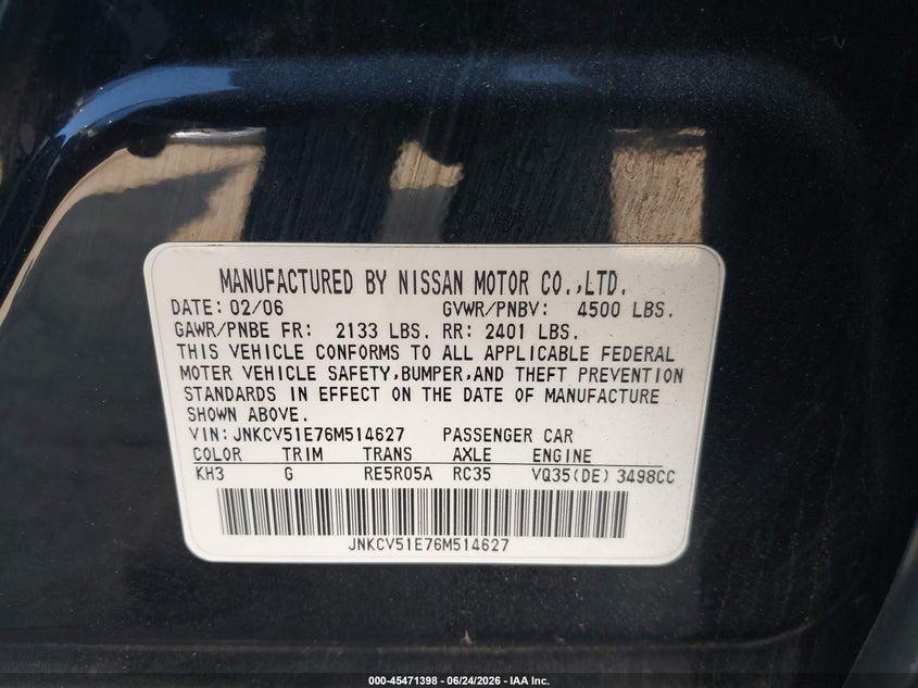 2006 Infiniti G35 VIN JNKCV51E76M514627 IAAI salvage auction — NORMAL WEAR, Salvage (California), sold $225 on 2026-07-08 (photo 9)