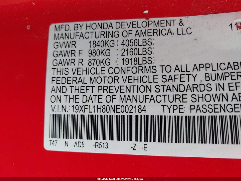 2022 Honda Civic VIN 19XFL1H80NE002184 IAAI salvage auction — RIGHT REAR, Salvage Title, sold $6,200 on 2026-07-29 (photo 9)