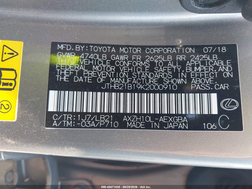 2019 Lexus ES VIN JTHB21B19K2000910 IAAI salvage auction — FRONT END, Mv-907A (New York), sold $10,300 on 2026-07-29 (photo 9)