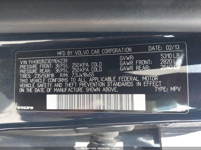 2013 Volvo Xc70 VIN YV4902BZ3D1164239 IAAI salvage auction — NORMAL WEAR, Regular Certificate (Iowa), sold $550 on 2026-07-07 (photo 9)