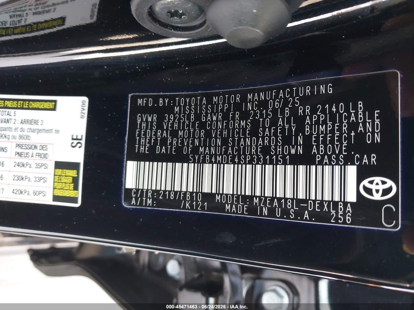 2025 Toyota Corolla VIN 5YFB4MDE4SP331151 IAAI salvage auction — REAR END, Salvage Title, sold $5,700 on 2026-07-26 (photo 9)