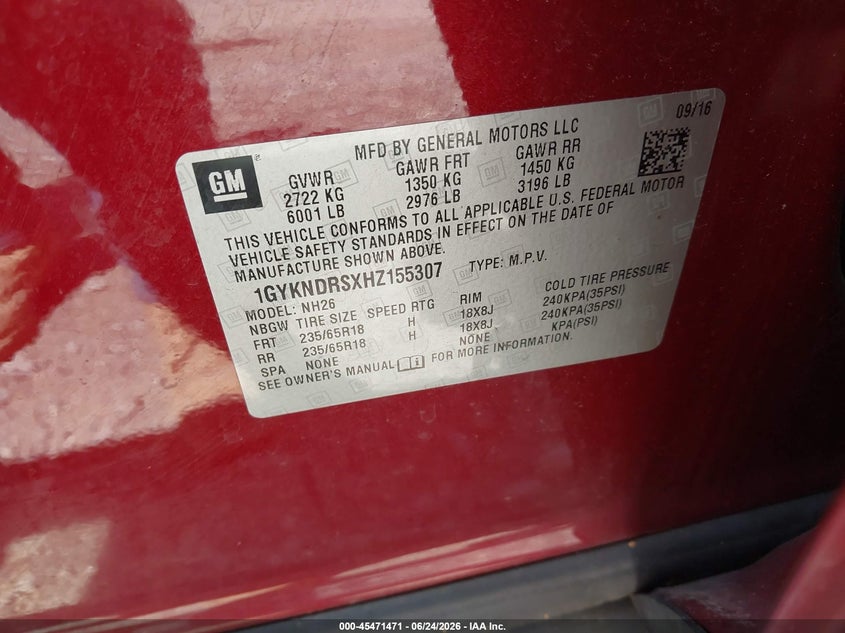 2017 Cadillac Xt5 VIN 1GYKNDRSXHZ155307 IAAI salvage auction — RIGHT FRONT, Salvage (Pennsylvania), sold $2,650 on 2026-07-22 (photo 9)