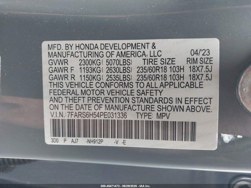2023 Honda Cr-v VIN 7FARS6H54PE031336 IAAI salvage auction — FRONT END, Salvage Title, sold $12,000 on 2026-08-22 (photo 9)