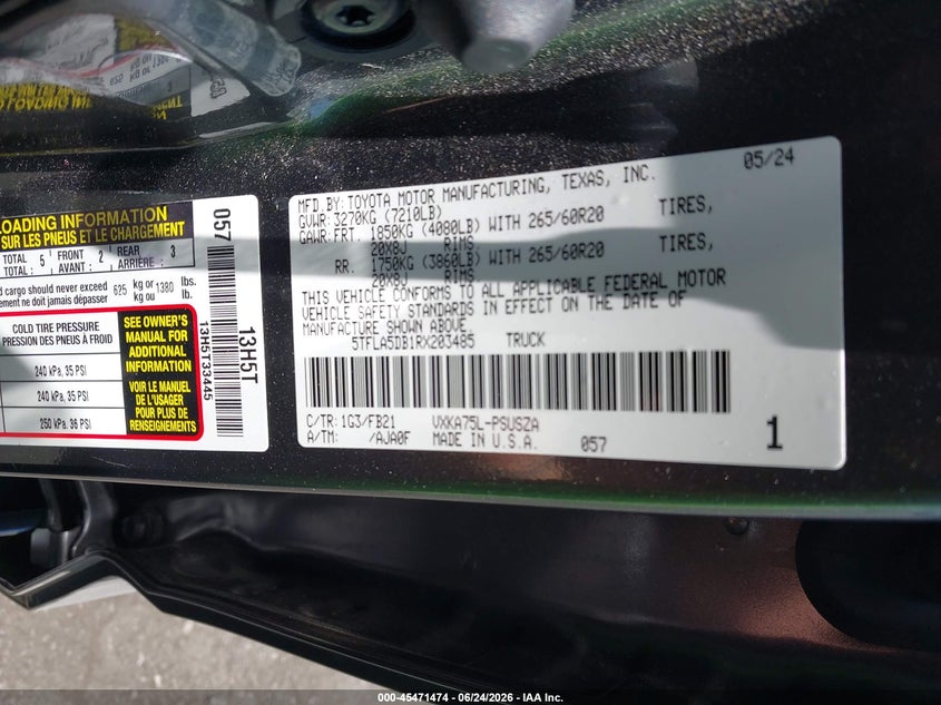 2024 Toyota Tundra VIN 5TFLA5DB1RX203485 IAAI salvage auction — FRONT & REAR, Salvage Title, sold $25 on 2026-07-24 (photo 9)