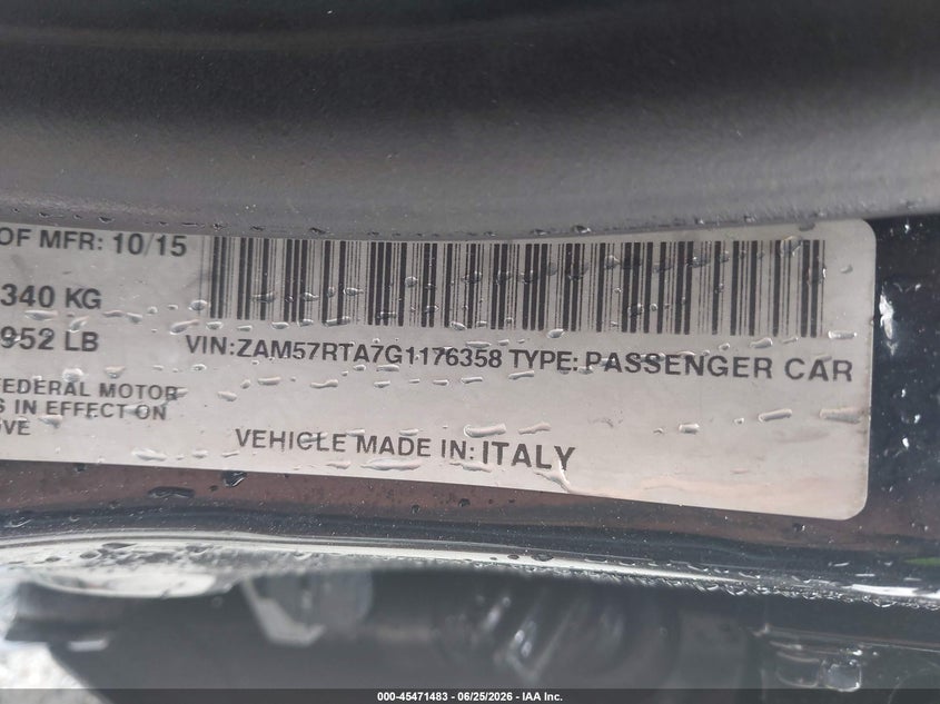 2016 Maserati Ghibli VIN ZAM57RTA7G1176358 IAAI salvage auction — SIDE, Repossession Paperwork (Georgia), sold $5,800 on 2026-07-25 (photo 9)