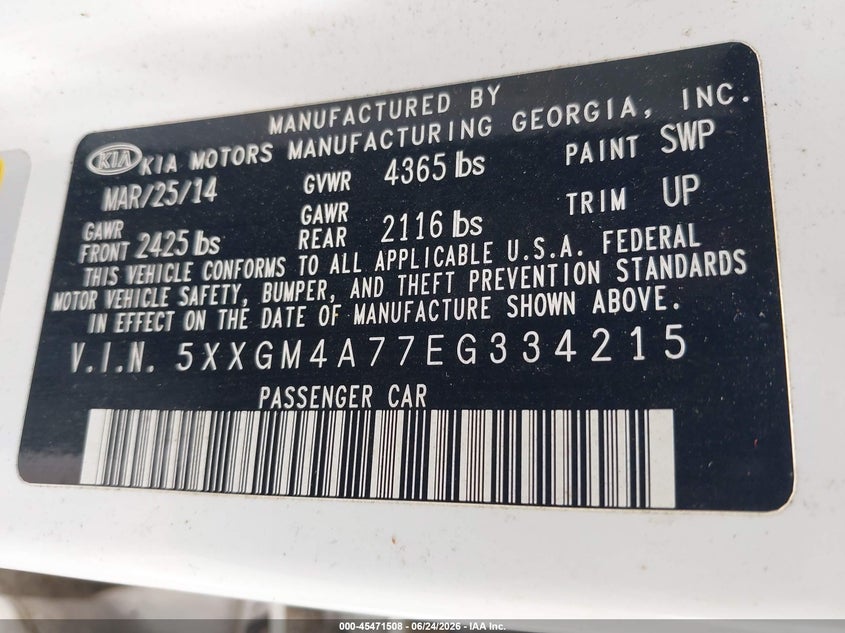 2014 Kia Optima VIN 5XXGM4A77EG334215 IAAI salvage auction — NORMAL WEAR, Clear (North Carolina), sold $850 on 2026-07-23 (photo 9)