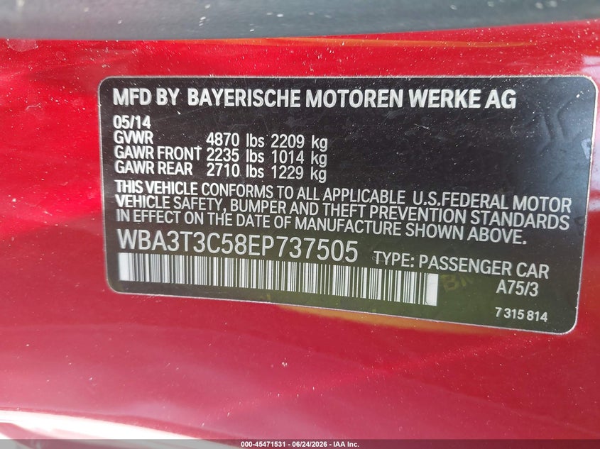 2014 BMW 4er VIN WBA3T3C58EP737505 IAAI salvage auction — NORMAL WEAR, Clear (Montana), sold $2,750 on 2026-07-09 (photo 9)