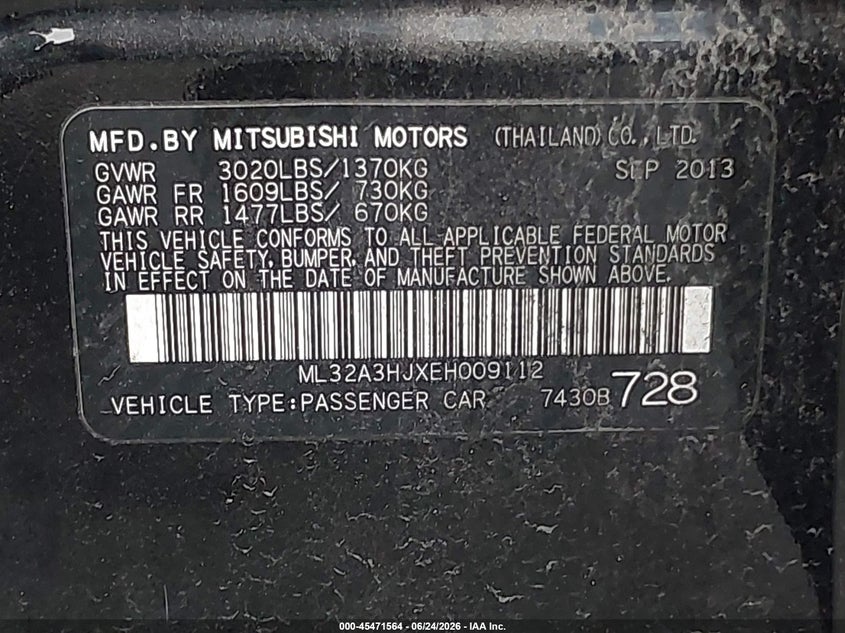 2014 Mitsubishi Mirage VIN ML32A3HJXEH009112 IAAI salvage auction — FRONT END, Rebuildable (Florida), sold $400 on 2026-07-09 (photo 9)