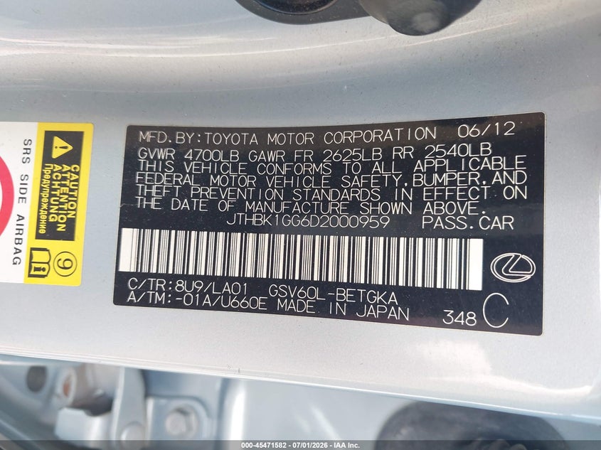 2013 Lexus ES VIN JTHBK1GG6D2000959 IAAI salvage auction — UNDERCARRIAGE, Clear (Indiana), sold $3,800 on 2026-07-30 (photo 9)