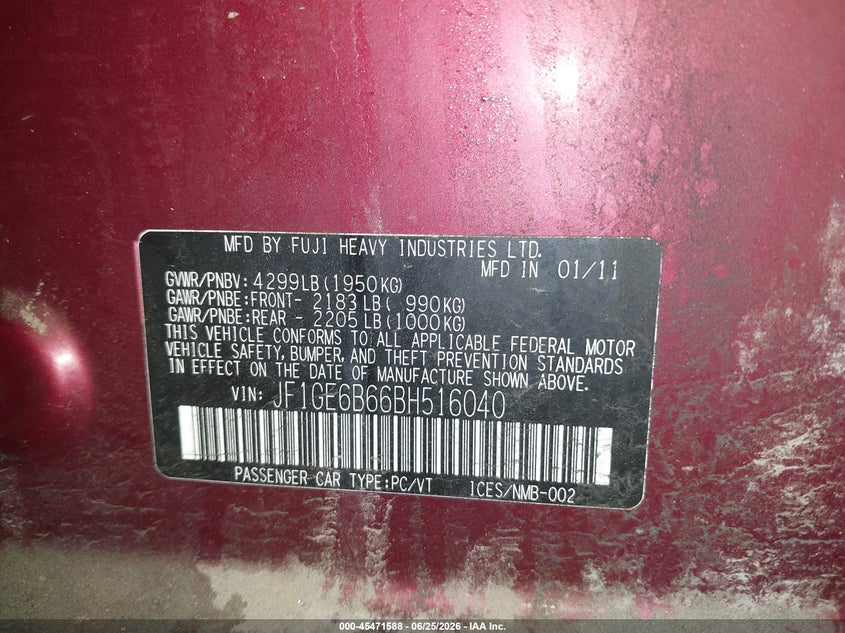 2011 Subaru Impreza VIN JF1GE6B66BH516040 IAAI salvage auction — LEFT FRONT, Mv-907A (New York), sold $300 on 2026-07-15 (photo 9)