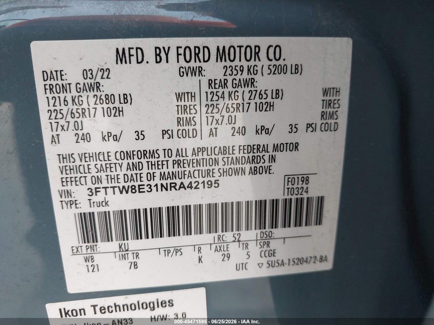 2022 Ford Maverick VIN 3FTTW8E31NRA42195 IAAI salvage auction — FRONT END, Salvage Title, sold $8,000 on 2026-08-31 (photo 9)