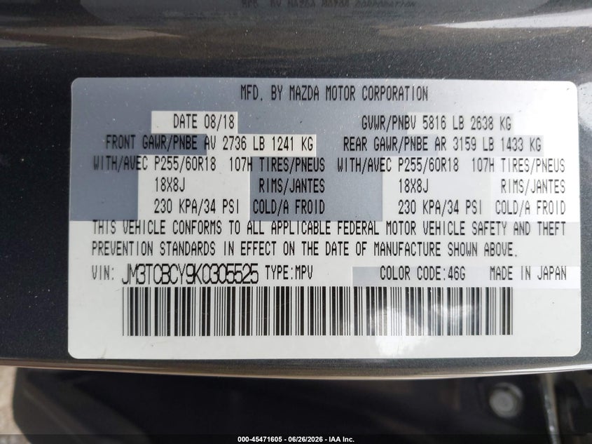 2019 Mazda Cx-9 VIN JM3TCBCY9K0305525 IAAI salvage auction — LEFT REAR, Salvage Title, sold $2,400 on 2026-07-22 (photo 9)