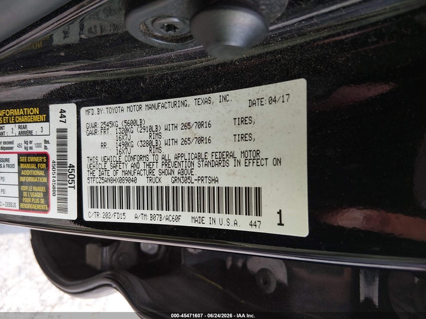 2017 Toyota Tacoma VIN 5TFCZ5AN8HX089040 IAAI salvage auction — SIDE, Salvage (Georgia), sold $10,600 on 2026-07-22 (photo 9)