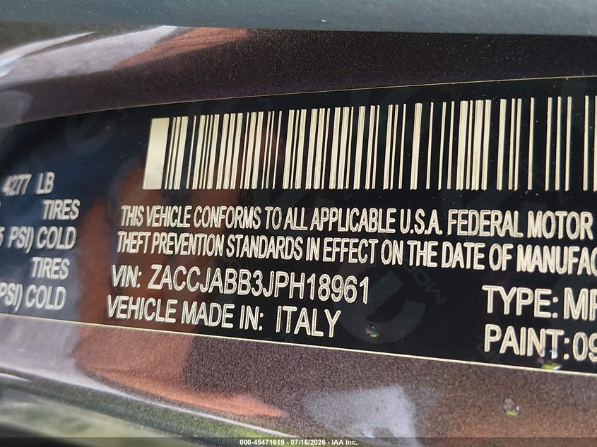 2018 Jeep Renegade VIN ZACCJABB3JPH18961 IAAI salvage auction — REAR END, Salvage (Louisiana), sold $2,650 on 2026-08-03 (photo 9)