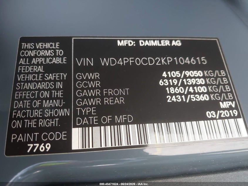 2019 Mercedes-benz Sprinter VIN WD4PF0CD2KP104615 IAAI salvage auction — LEFT & RIGHT, Clear (Florida), sold $3,600 on 2026-07-09 (photo 9)