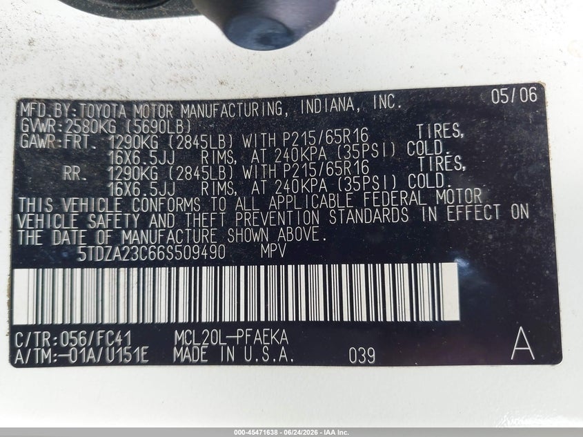 2006 Toyota Sienna VIN 5TDZA23C66S509490 IAAI salvage auction — NORMAL WEAR, Clear (Florida), sold $750 on 2026-07-16 (photo 9)