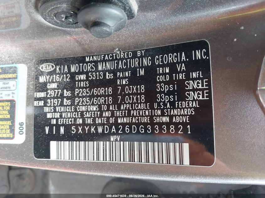 2013 Kia Sorento VIN 5XYKWDA26DG333821 IAAI salvage auction — SIDE, Salvage - Greater Than 75% (Maryland), sold $1,750 on 2026-07-15 (photo 9)