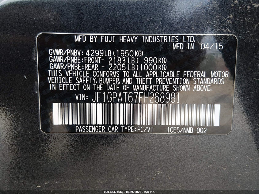 2015 Subaru Impreza VIN JF1GPAT67FH268981 IAAI salvage auction — FRONT END, Salvage (Maine), sold $225 on 2026-07-27 (photo 9)