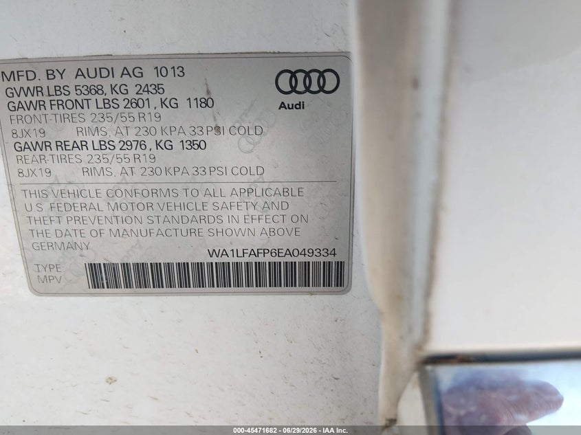 2014 Audi Q5 VIN WA1LFAFP6EA049334 IAAI salvage auction — LEFT FRONT, Salvage (Kentucky), sold $3,150 on 2026-07-31 (photo 9)