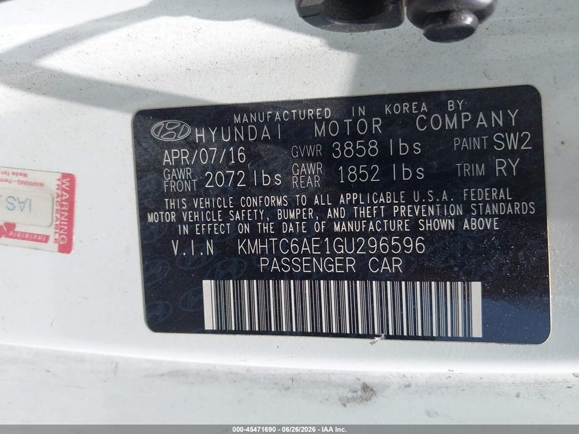 2016 Hyundai Veloster VIN KMHTC6AE1GU296596 IAAI salvage auction — FRONT END, Salvage Title, sold $25 on 2026-07-21 (photo 9)