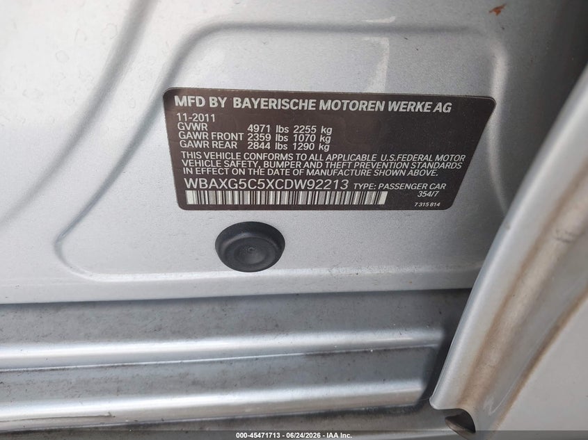 2012 BMW 5 series VIN WBAXG5C5XCDW92213 IAAI salvage auction — NORMAL WEAR, Clear (Florida), sold $225 on 2026-07-22 (photo 9)