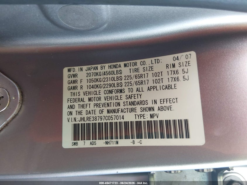 2007 Honda Cr-v VIN JHLRE38797C057014 IAAI salvage auction — FRONT END, Salvage (Arizona), sold $800 on 2026-07-21 (photo 9)
