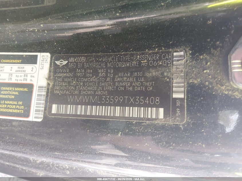 2009 Mini Clubman VIN WMWML33599TX35408 IAAI salvage auction — NORMAL WEAR, Clear (Virginia), sold $275 on 2026-07-07 (photo 9)