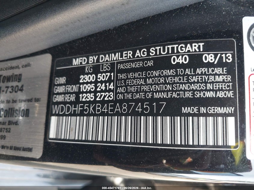 2014 Mercedes-benz E-klasse VIN WDDHF5KB4EA874517 IAAI salvage auction — SIDE, Original (Texas), sold $2,800 on 2026-08-20 (photo 9)