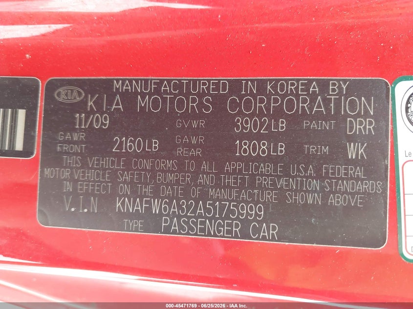 2010 Kia Forte VIN KNAFW6A32A5175999 IAAI salvage auction — LEFT FRONT, Salvage (Alabama), sold $1,050 on 2026-07-29 (photo 9)