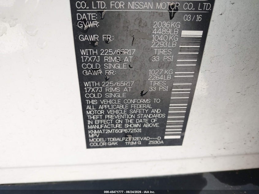 2016 Nissan Rogue VIN KNMAT2MT6GP672531 IAAI salvage auction — FRONT END, Salvage (California), sold $1,075 on 2026-08-01 (photo 9)