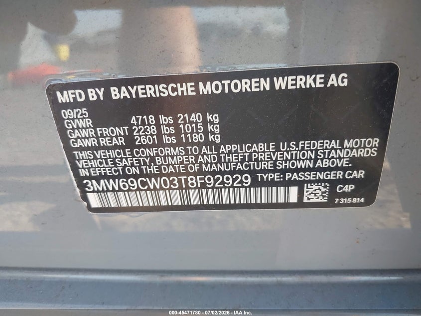 2026 BMW 3er VIN 3MW69CW03T8F92929 IAAI salvage auction — FRONT END, Wait Title, sold $21,800 on 2026-08-24 (photo 9)