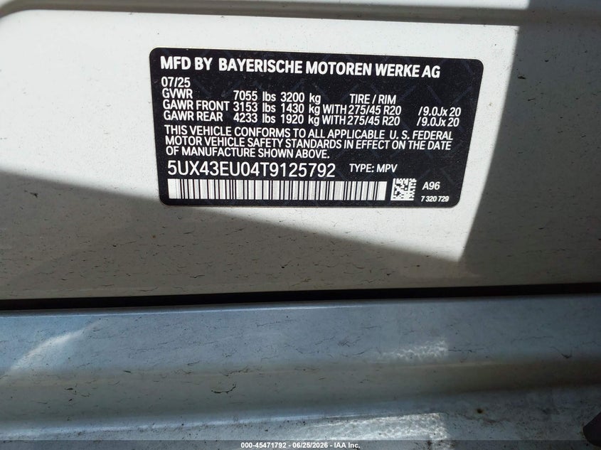 2026 BMW X5 VIN 5UX43EU04T9125792 IAAI salvage auction — LEFT FRONT, Salvage (Idaho), sold $44,000 on 2026-07-30 (photo 9)