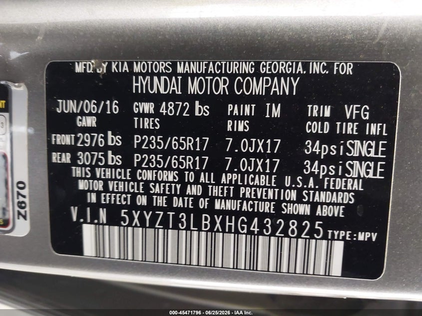 2017 Hyundai Santa fe VIN 5XYZT3LBXHG432825 IAAI salvage auction — NORMAL WEAR, Clear (Florida), sold $1,900 on 2026-07-08 (photo 9)