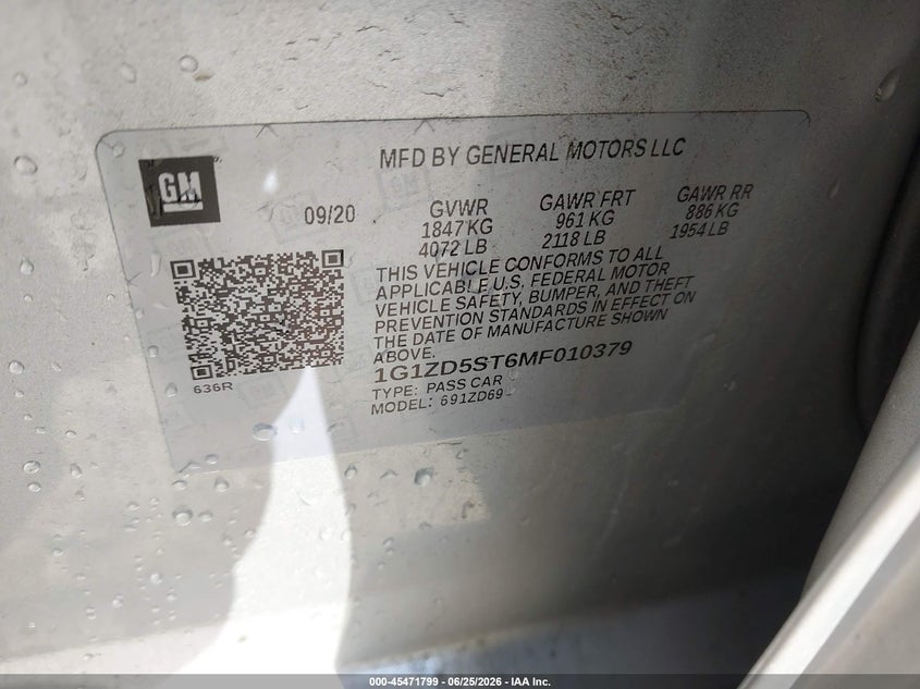 2021 Chevrolet Malibu VIN 1G1ZD5ST6MF010379 IAAI salvage auction — REAR END, Salvage Title, sold $2,300 on 2026-07-23 (photo 9)