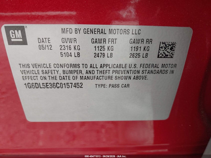 2012 Cadillac Cts VIN 1G6DL5E36C0157452 IAAI salvage auction — Burn Interior, Salvage Title, sold $1,050 on 2026-08-29 (photo 9)
