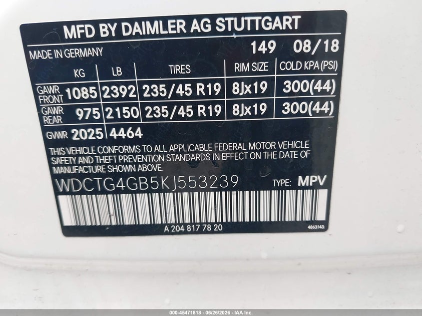 2019 Mercedes-benz Gla-klasse VIN WDCTG4GB5KJ553239 IAAI salvage auction — FRONT END, Salvage Title, sold $4,300 on 2026-08-02 (photo 9)