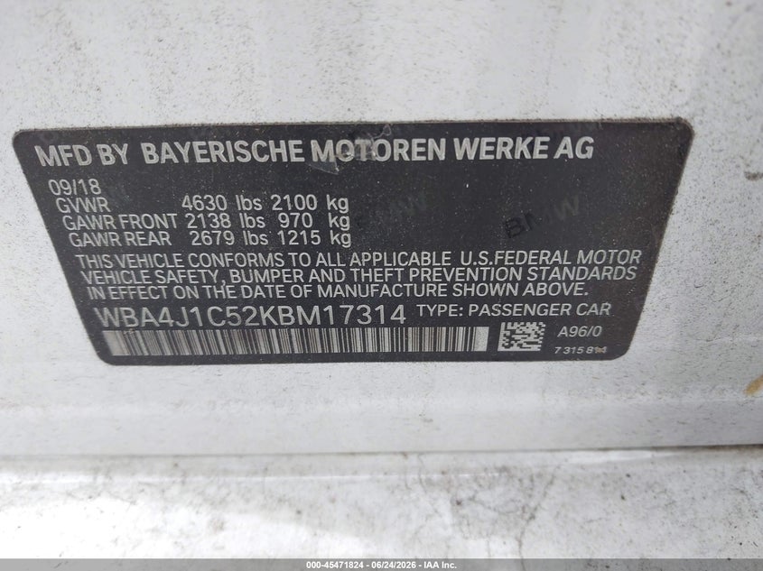 2019 BMW VIN WBA4J1C52KBM17314 IAAI salvage auction — FRONT END, Rebuildable (Florida), sold $5,550 on 2026-07-22 (photo 9)