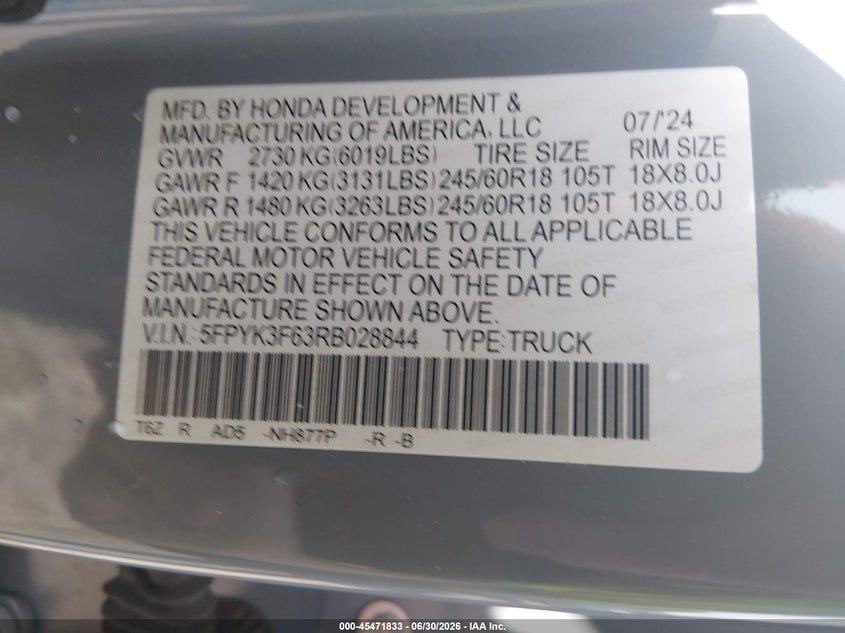 2024 Honda Ridgeline VIN 5FPYK3F63RB028844 IAAI salvage auction — LEFT SIDE, Salvage Title, sold $11,200 on 2026-08-26 (photo 9)