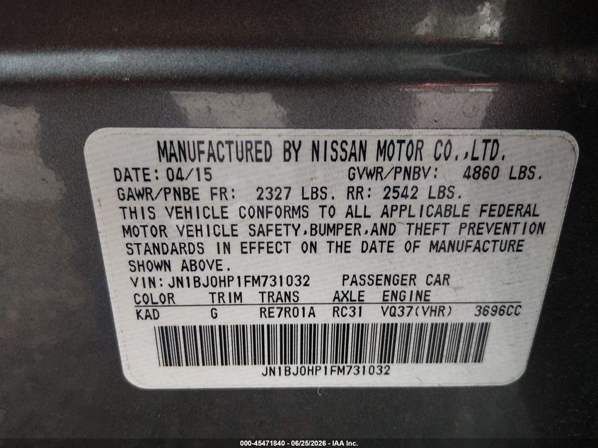 2015 Infiniti Qx50 VIN JN1BJ0HP1FM731032 IAAI salvage auction — REAR END, Salvage (Mississippi), sold $25 on 2026-07-29 (photo 9)