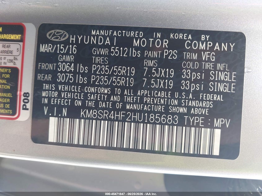 2017 Hyundai Santa fe VIN KM8SR4HF2HU185683 IAAI salvage auction — FRONT & REAR, Clear (Mississippi), sold $1,750 on 2026-07-28 (photo 9)