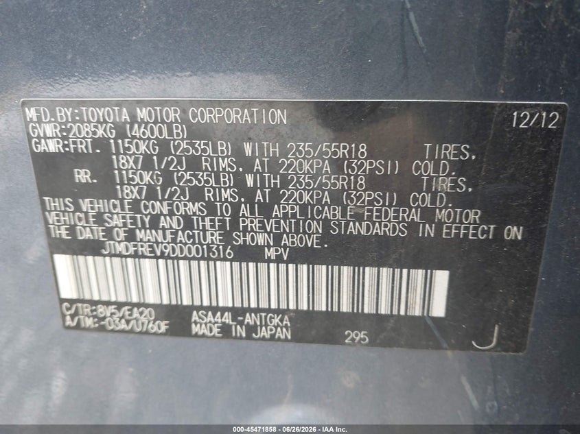 2013 Toyota Rav 4 VIN JTMDFREV9DD001316 IAAI salvage auction — LEFT FRONT, Rebuildable (Florida), sold $3,350 on 2026-07-12 (photo 9)