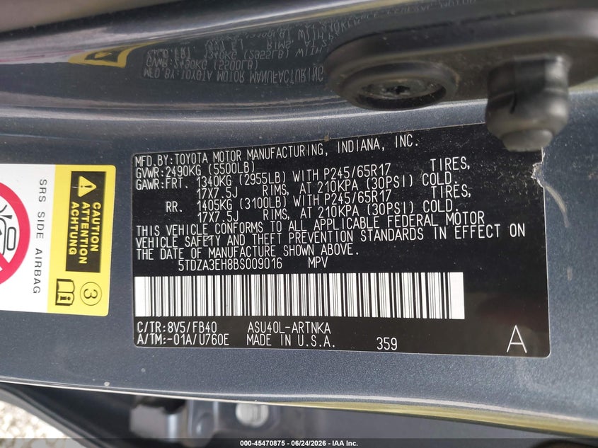 2011 Toyota Highlander VIN 5TDZA3EH8BS009016 IAAI salvage auction — LEFT FRONT, Junk Bill Of Sale Mv2459 (Wisconsin), sold $1,300 on 2026-07-21 (photo 9)