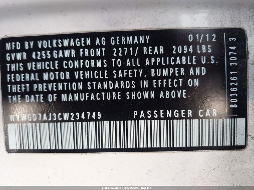 2012 Volkswagen Gti VIN WVWGD7AJ3CW234749 IAAI salvage auction — NORMAL WEAR, Clear - Dealer Only (California), sold $1,550 on 2026-07-07 (photo 9)