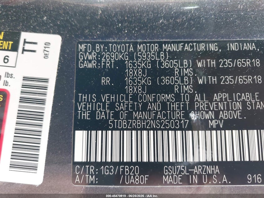 2022 Toyota Highlander VIN 5TDBZRBH2NS250317 IAAI salvage auction — FRONT END, Salvage (Virginia), sold $13,100 on 2026-07-30 (photo 9)