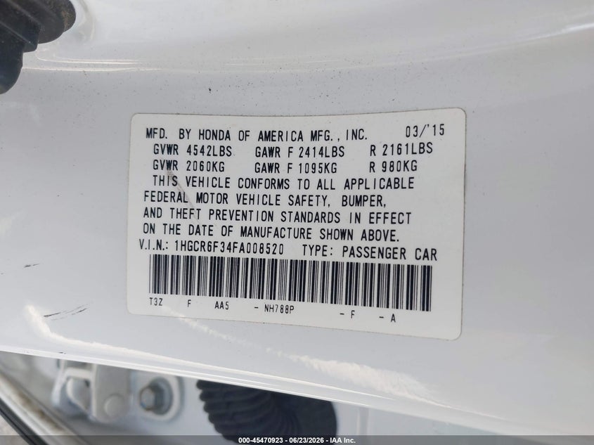 2015 Honda VIN 1HGCR6F34FA008520 IAAI salvage auction — REAR END, Salvage (California), sold $3,550 on 2026-07-05 (photo 9)