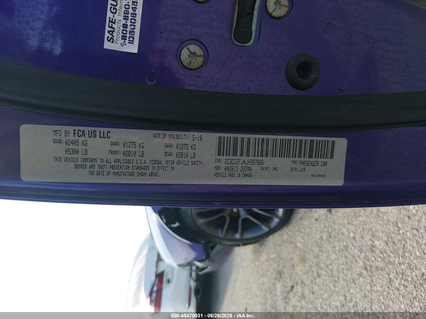 2018 Dodge Challenger VIN 2C3CDZFJ4JH287866 IAAI salvage auction — FRONT END, Salvage Title, sold $10,100 on 2026-07-28 (photo 9)
