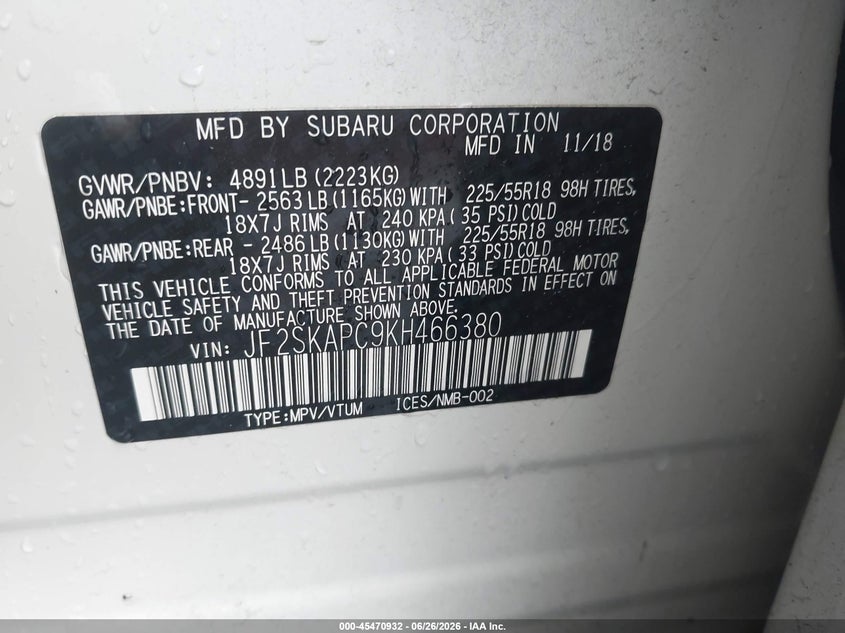 2019 Subaru Forester VIN JF2SKAPC9KH466380 IAAI salvage auction — FRONT END, Salvage (North Carolina), sold $4,750 on 2026-07-29 (photo 9)