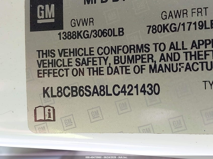 2020 Chevrolet Spark VIN KL8CB6SA8LC421430 IAAI salvage auction — FRONT END, Salvage Title, sold $750 on 2026-08-02 (photo 9)