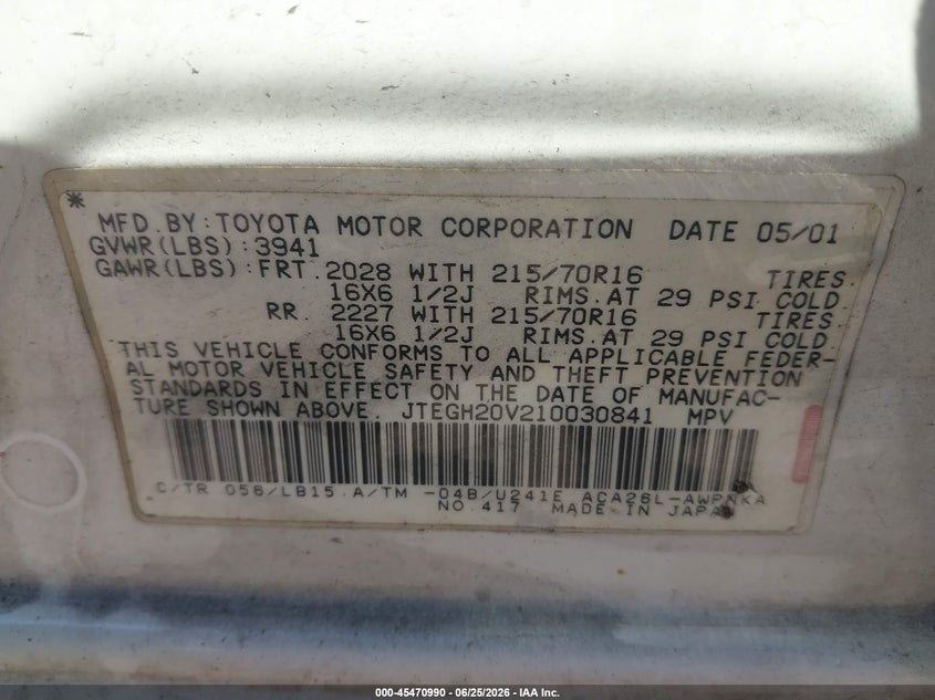2001 Toyota Rav 4 VIN JTEGH20V210030841 IAAI salvage auction — NORMAL WEAR, Clear - Dealer Only (California), sold $875 on 2026-07-13 (photo 9)