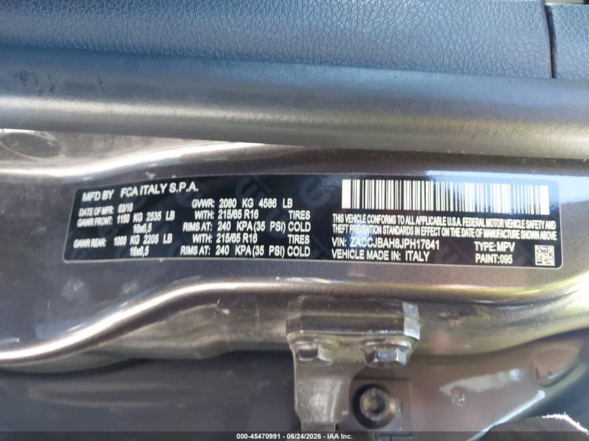 2018 Jeep Renegade VIN ZACCJBAH8JPH17641 IAAI salvage auction — NORMAL WEAR, Affidavit In Lieu Of Title - Non-Public (Washington), sold $1,550 on 2026-07-22 (photo 9)